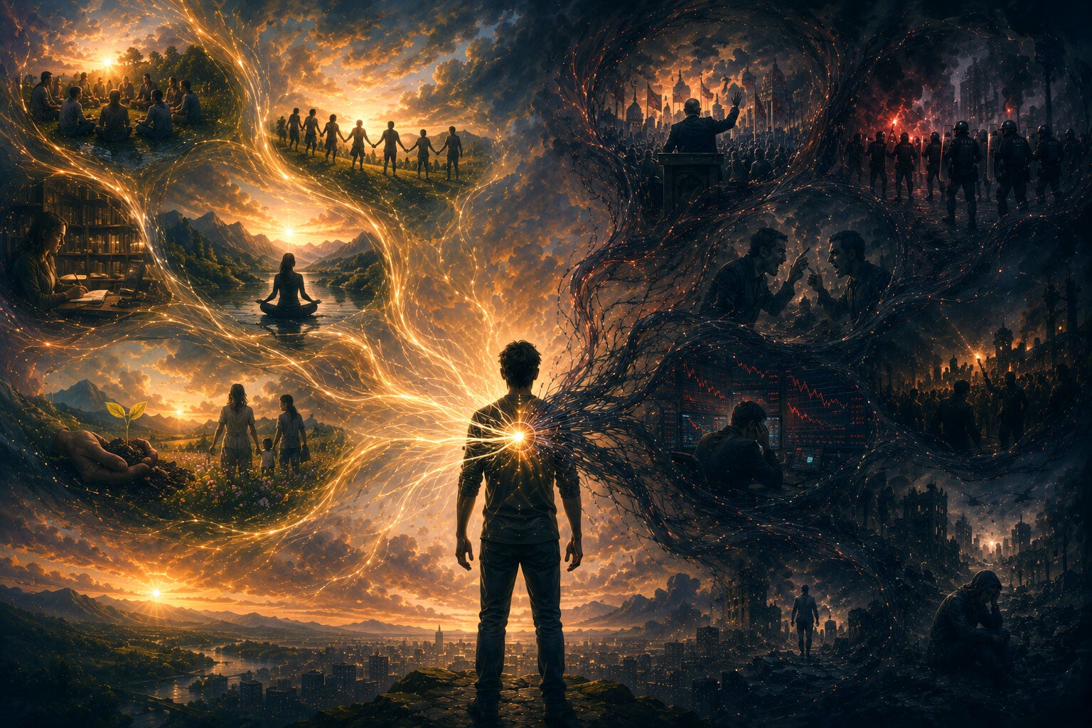 Illustration comparant les égrégores positifs et négatifs, montrant un individu relié à des scènes symbolisant l'harmonie, la connaissance et la solidarité d'un côté, ainsi que la peur, les conflits et le chaos de l'autre.