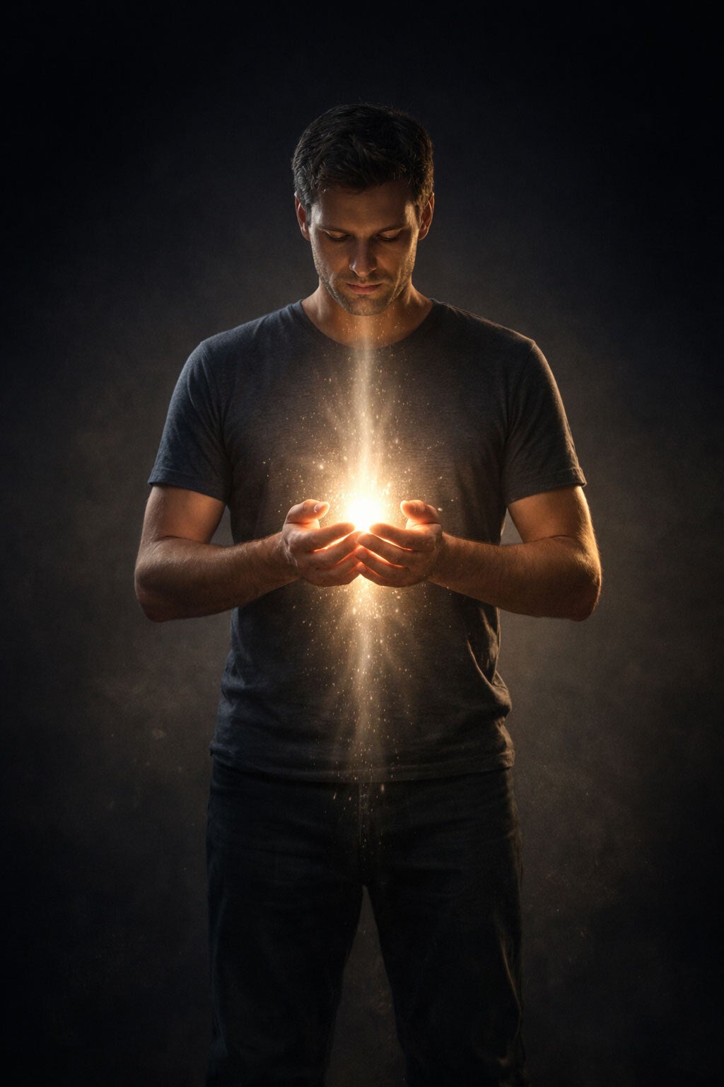 Figure humaine ancrée tenant une lumière douce, symbolisant la médiumnité comme fonction de régulation et de transmission