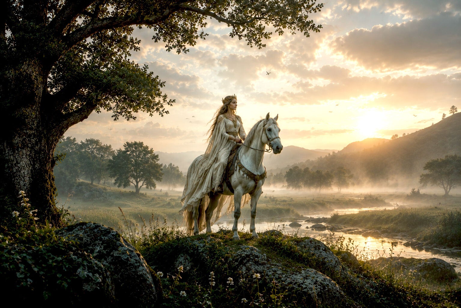 La déesse Épona à cheval dans un paysage d'inspiration celtique, symbole de protection, de spiritualité et du lien entre l'homme et le cheval