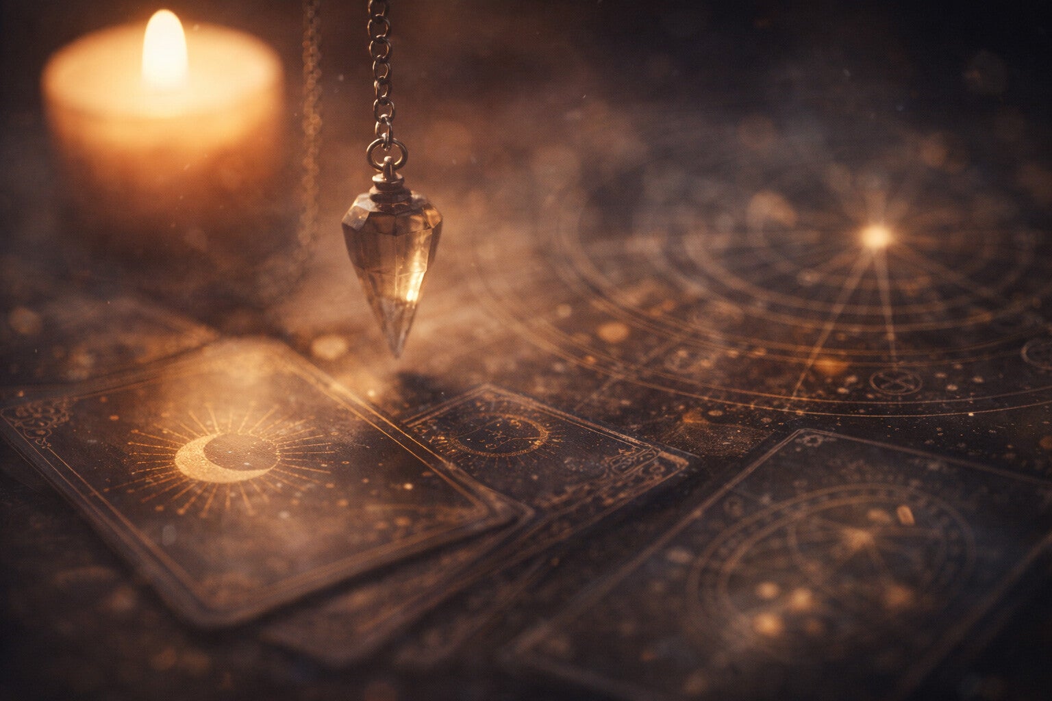 Pendule suspendu au-dessus de cartes divinatoires, évoquant les outils de la voyance comme supports de perception et de lecture symbolique.
