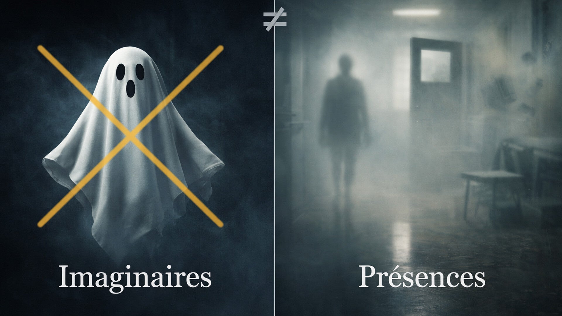 Illustration contrastant l’image populaire du fantôme avec une présence floue et indéfinie dans un lieu réel, questionnant les représentations classiques des phénomènes paranormaux.