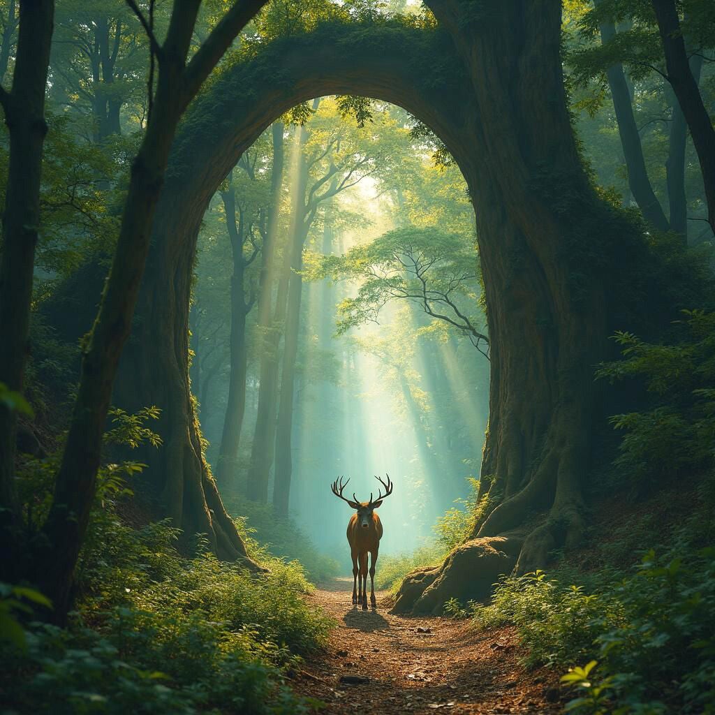 Silhouette d’un cerf dans un paysage crépusculaire, évoquant l’animal comme messager entre le monde visible et invisible.