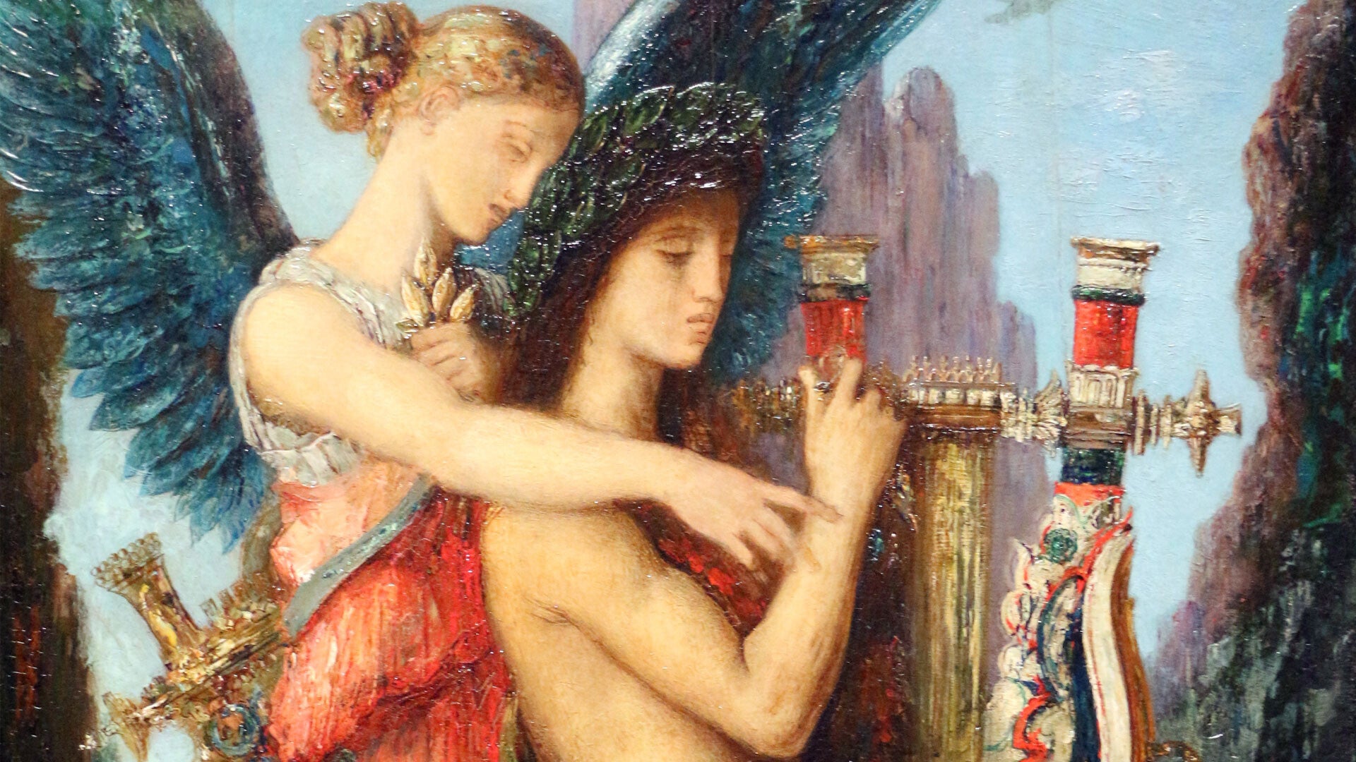 Peinture symboliste représentant une figure ailée guidant un personnage humain, illustration de la dimension mystique et visionnaire de l’art occidental.