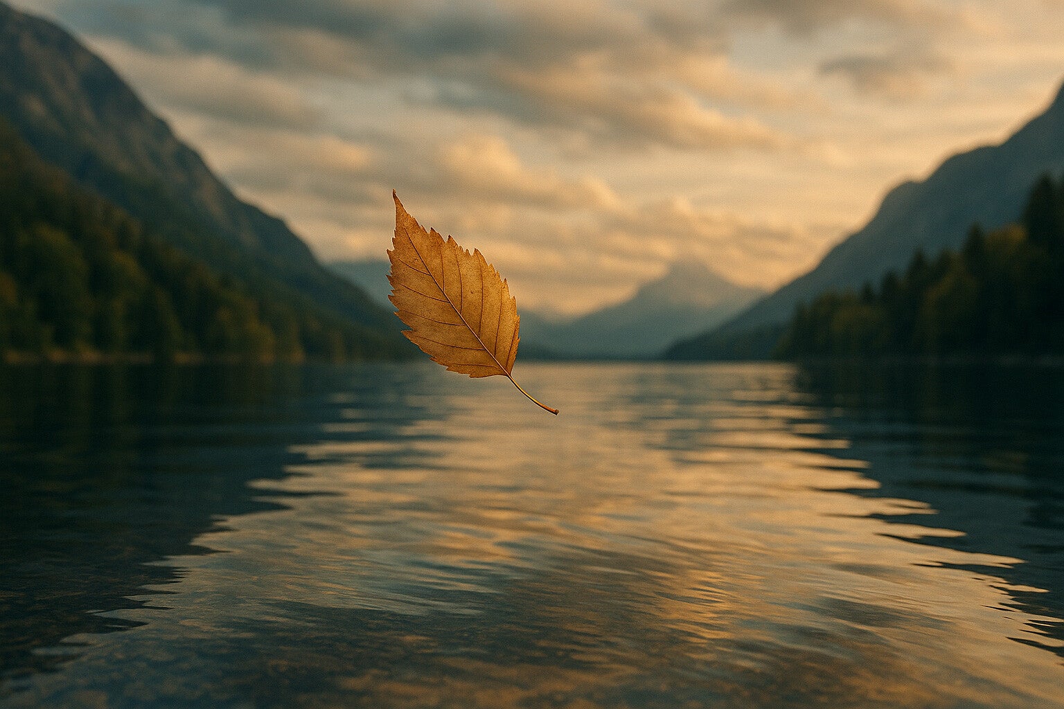 Feuille portée par le vent au-dessus d’un lac de montagne, reflet du ciel changeant, évoquant le cycle du temps et l’impermanence de la vie.