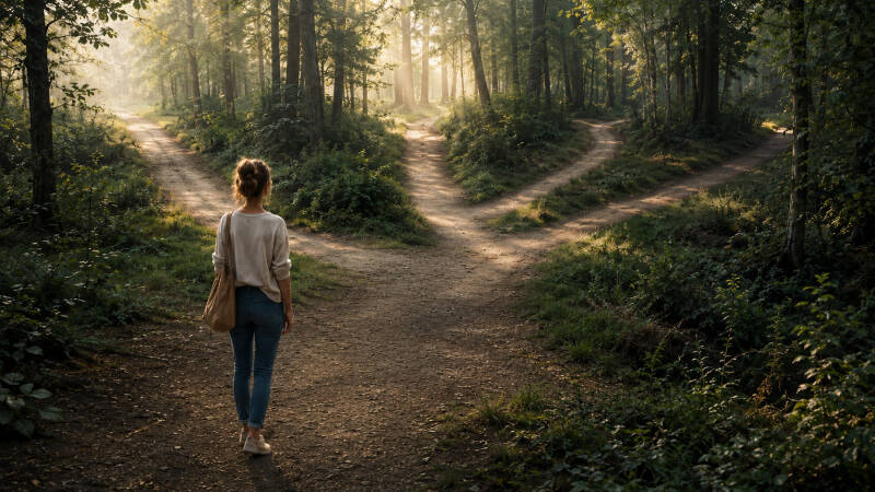 Femme face à quatre chemins dans une forêt, illustration des choix et des futurs possibles