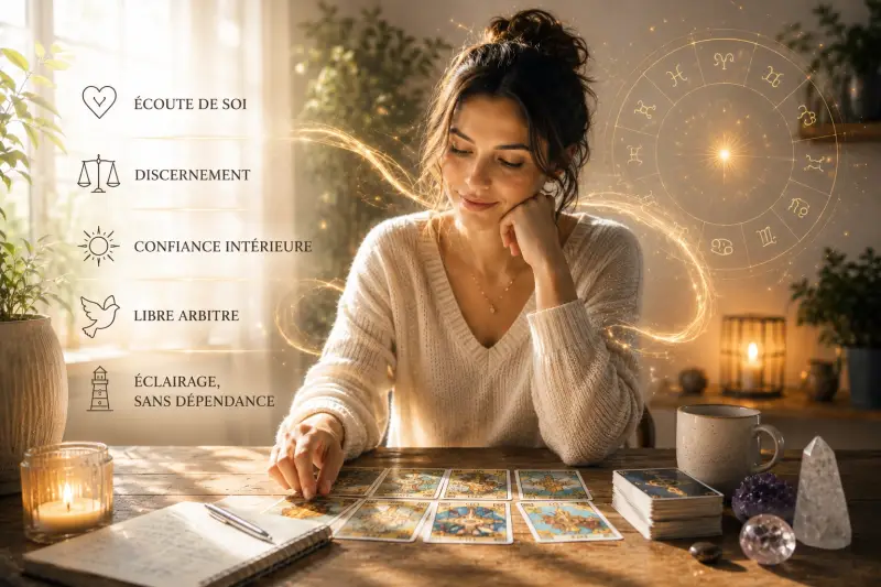 Illustration d’une relation saine avec la voyance fondée sur l’écoute de soi, le discernement et le libre arbitre