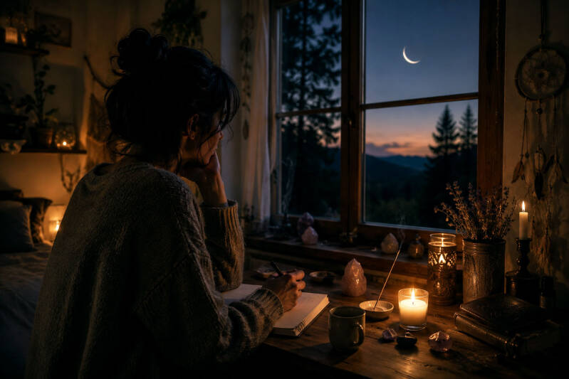 Personne écrivant ses intentions lors d'un rituel de nouvelle lune, dans une ambiance propice à l'introspection et au recentrage.