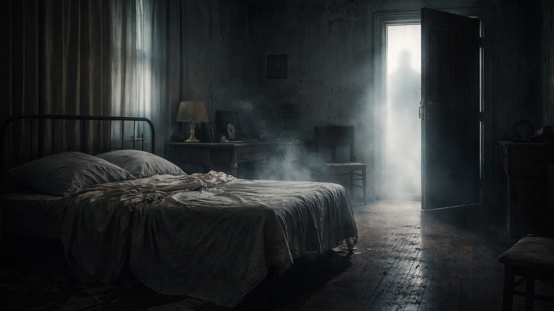 Chambre ancienne et délabrée plongée dans une lumière sombre, avec une porte entrouverte laissant apparaître une lueur diffuse et une atmosphère de trouble et d’incertitude.