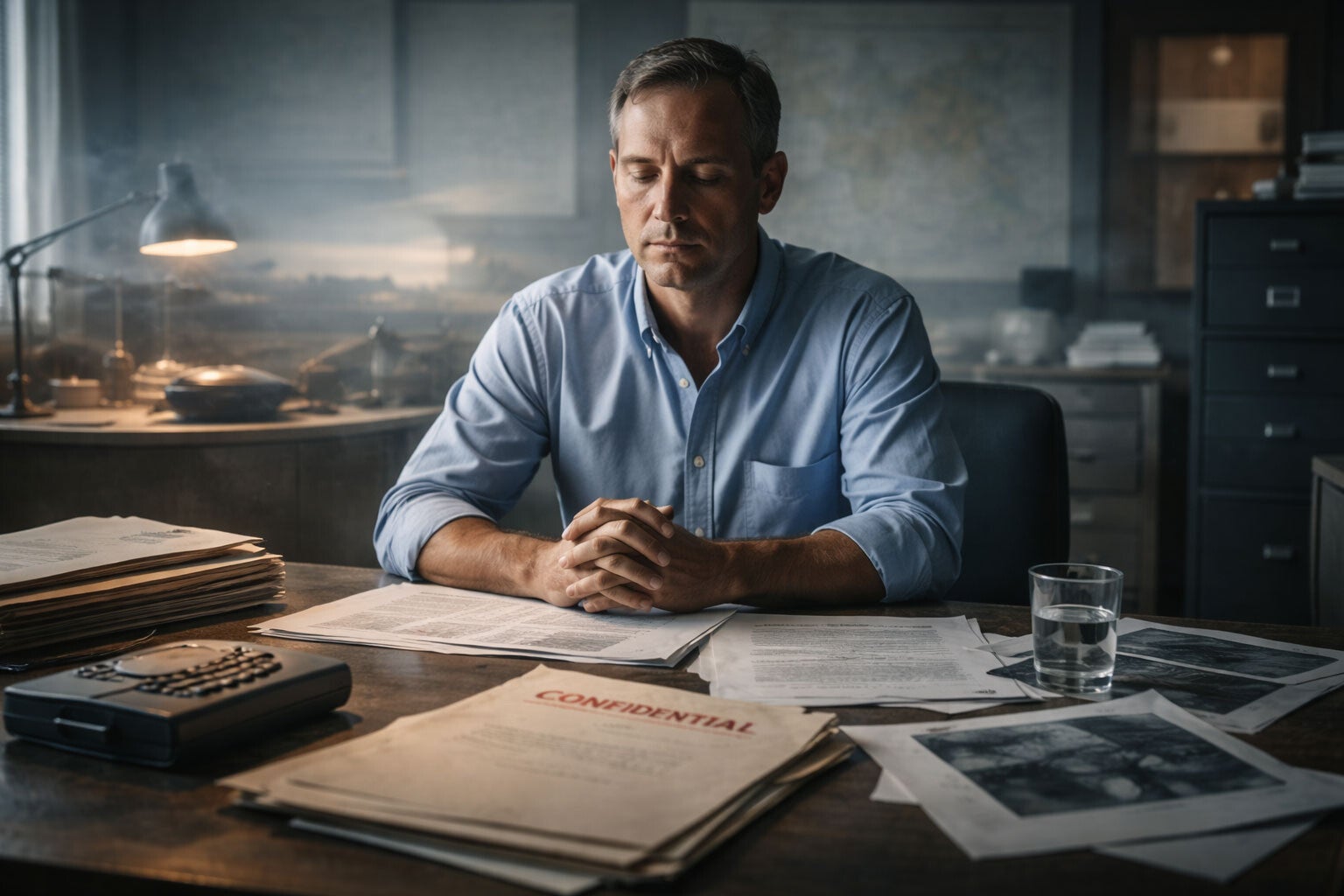 Homme concentré assis à un bureau entouré de documents confidentiels, illustrant les expérimentations de vision à distance menées par la CIA.