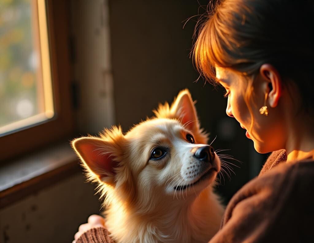 Un chien regarde son maître dans les yeux