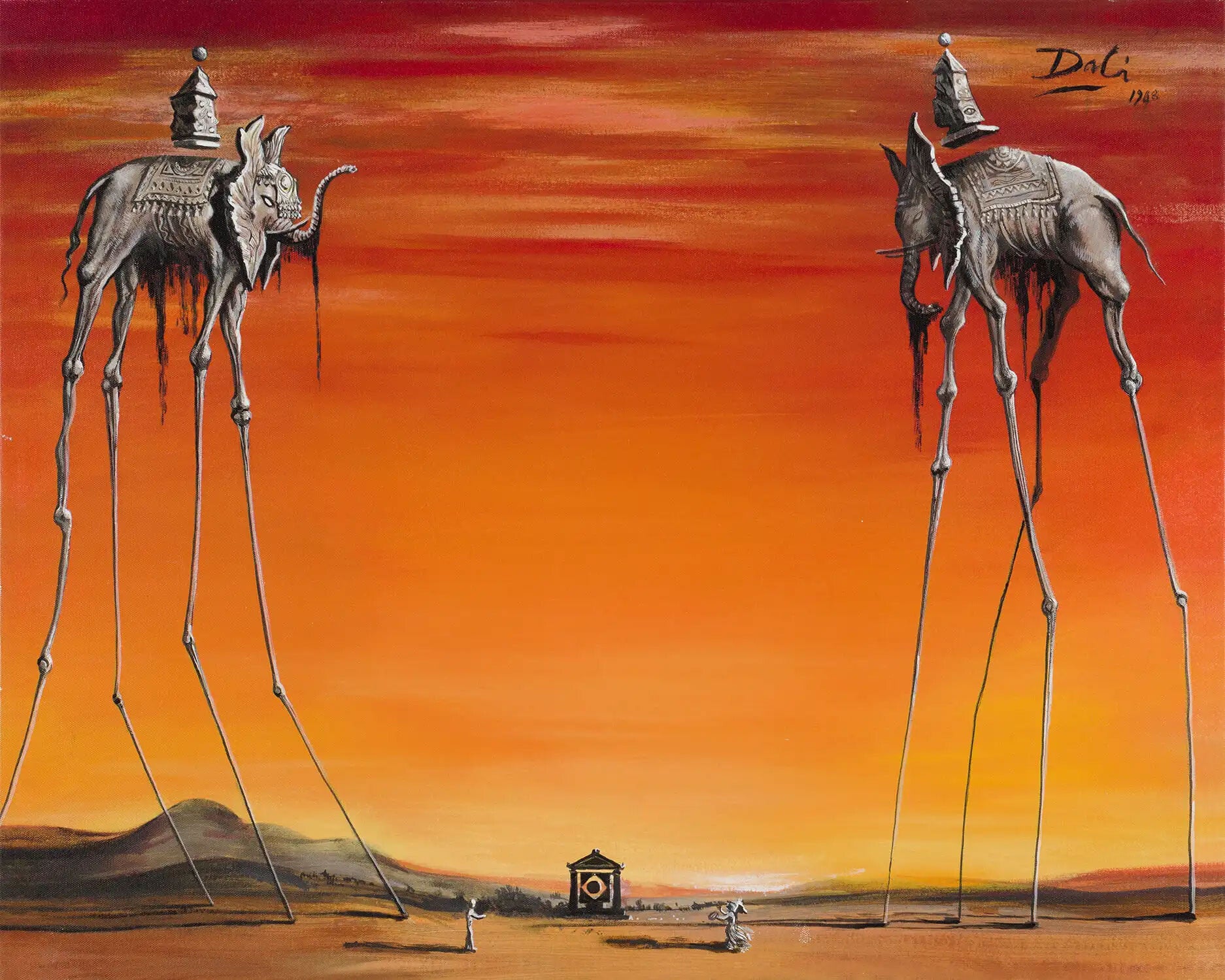 Peinture surréaliste de Salvador Dalí montrant des éléphants aux pattes démesurées dans un paysage désertique, illustration de l’imaginaire onirique et symbolique du surréalisme.
