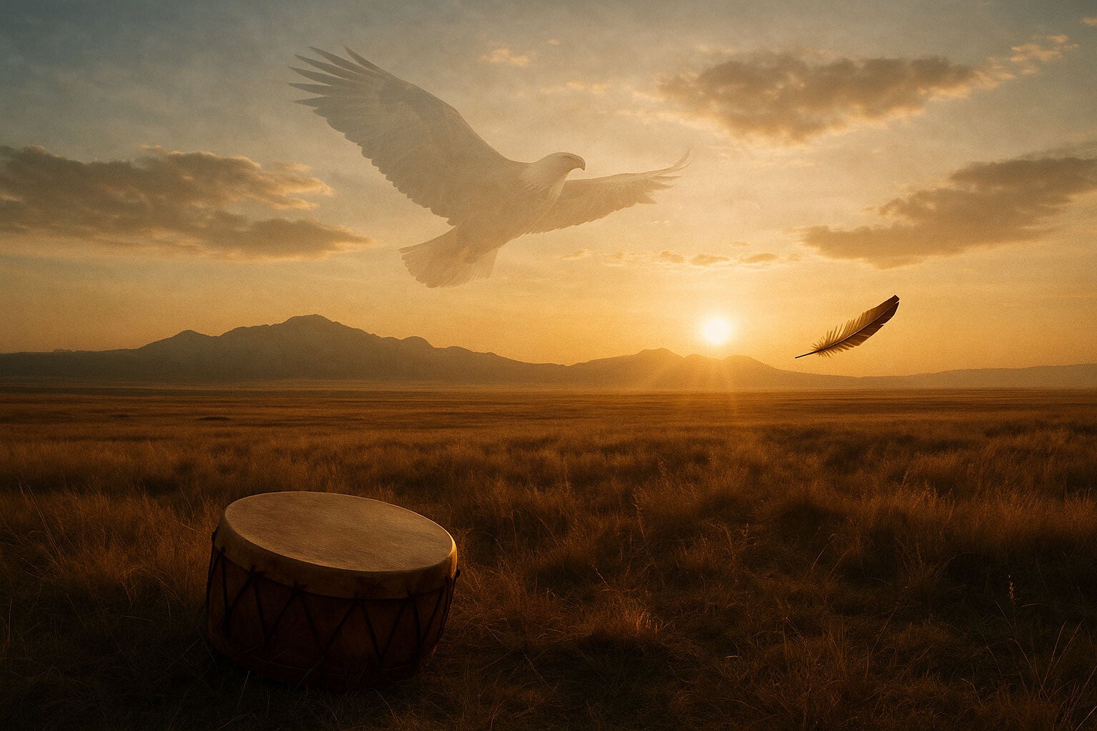 Plaine d’Amérique du Nord à l’aube avec un tambour chamanique et un animal-guide incrusté, symbolisant les traditions amérindiennes