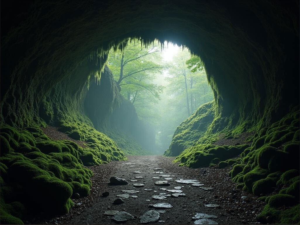 Une cavité minérale éclairée révèle des parois rugueuses, des textures géologiques et un jeu d’ombres silencieuses.