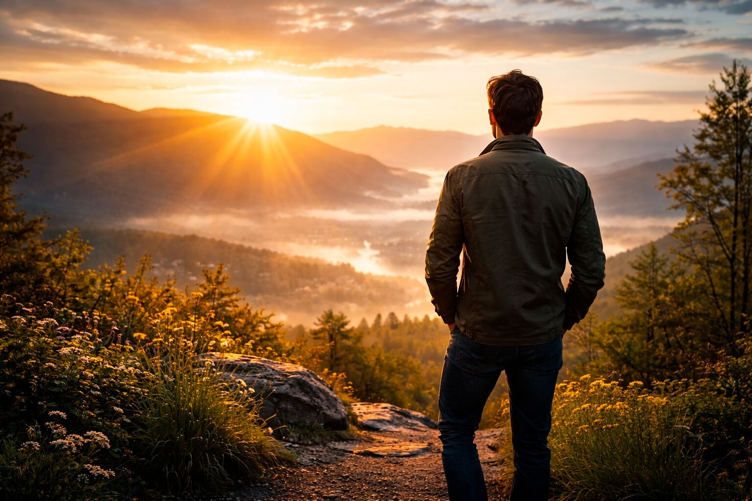 Homme contemplant un lever de soleil en montagne après un burn-out, symbole de reconstruction et quête de sens