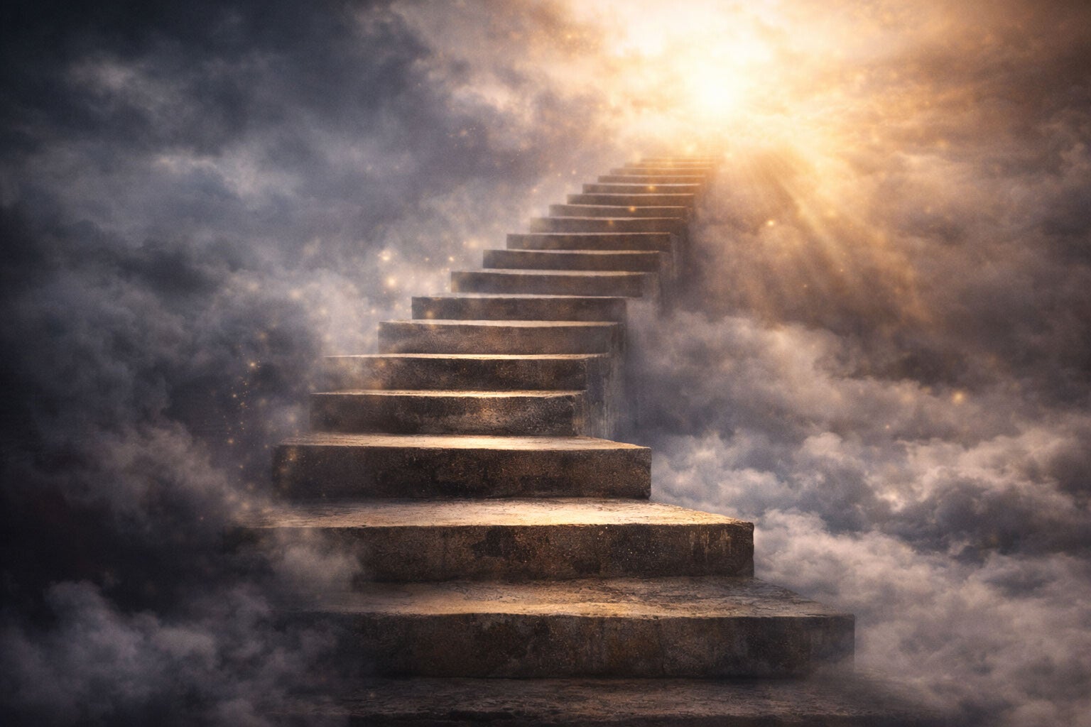Un escalier en pierre s’élève à travers des nuages épais vers une source de lumière intense dans le ciel.