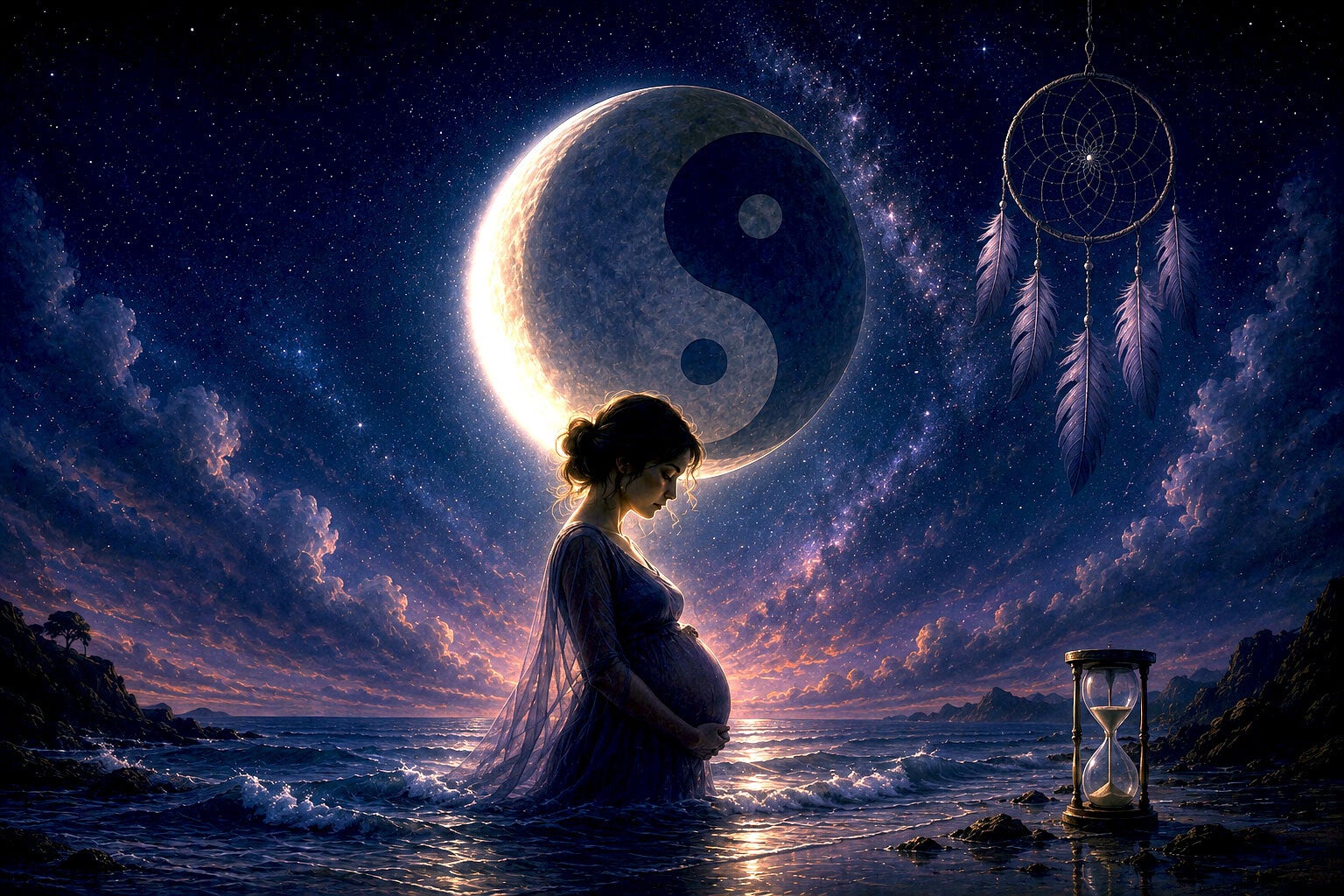 Femme enceinte sous la nouvelle lune, entourée de symboles évoquant les cycles de la vie, l'intuition et le renouveau.
