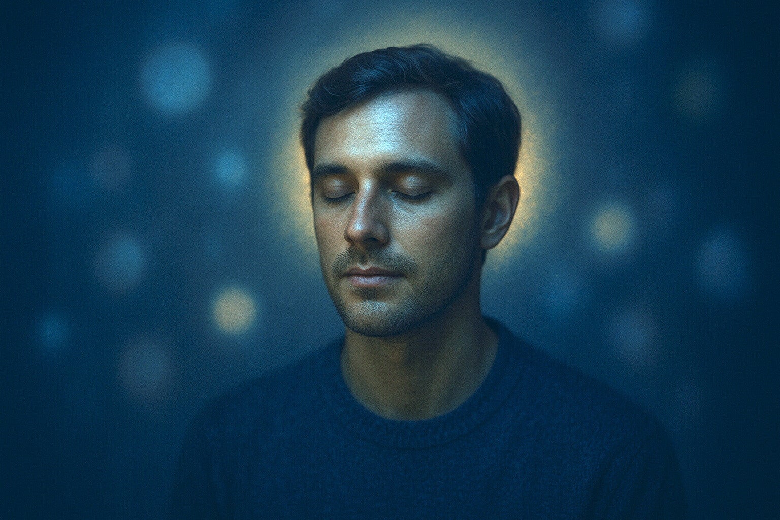 Visage paisible éclairé par un halo subtil, entouré de formes lumineuses éthérées, représentant la perception de l’invisible.