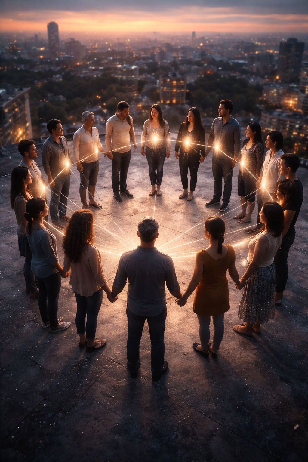 Groupe d’êtres humains reliés entre eux illustrant la conscience collective et l’interconnexion des consciences