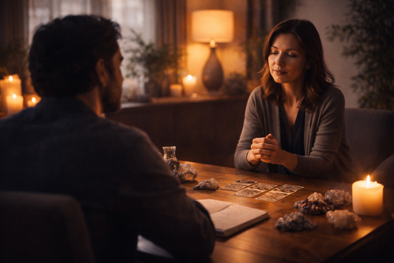 Consultation de voyance dans une atmosphère calme et intimiste, illustrant l’accompagnement et l’éclairage d’une situation personnelle.