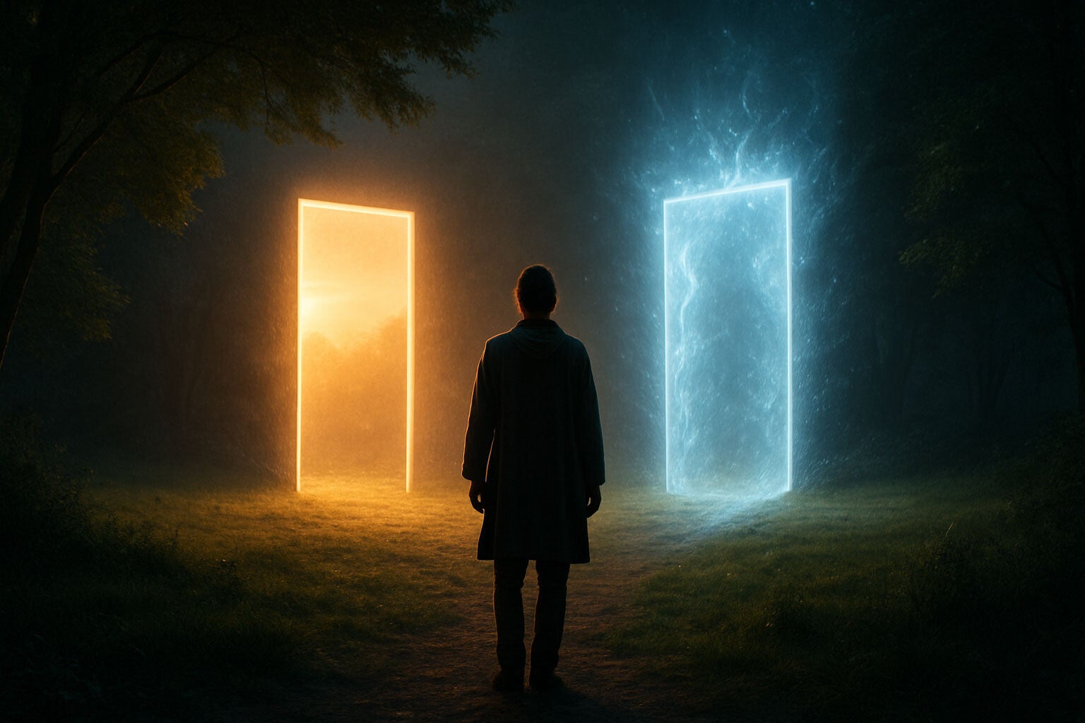 Silhouette de dos dans une clairière avec deux portes lumineuses symbolisant les liens entre chamanisme et médiumnité.