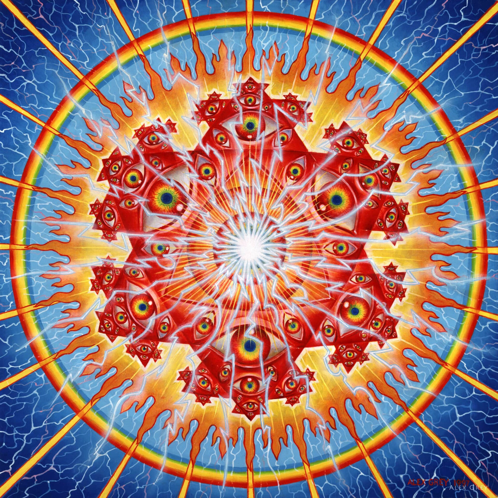 Composition artistique circulaire aux motifs géométriques et yeux symboliques, évoquant la perception, la conscience élargie et l’art visionnaire contemporain.