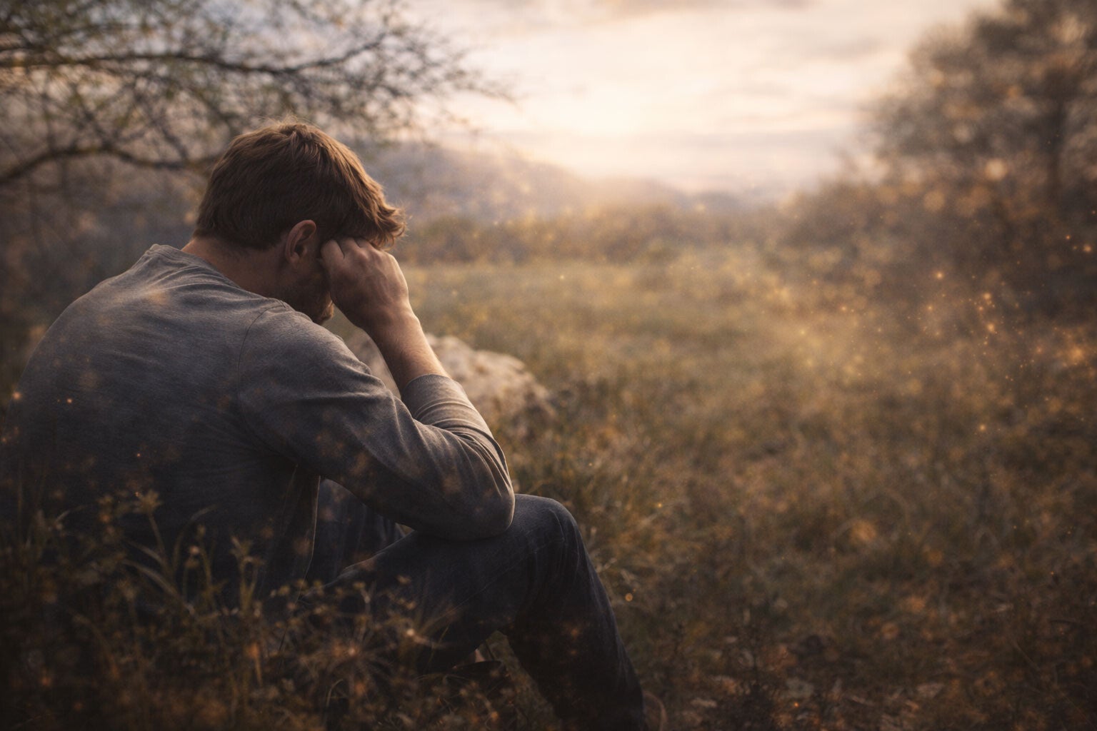 Un homme assis seul dans un paysage naturel, la tête penchée et la main sur le visage, entouré d’une végétation floue en arrière-plan.