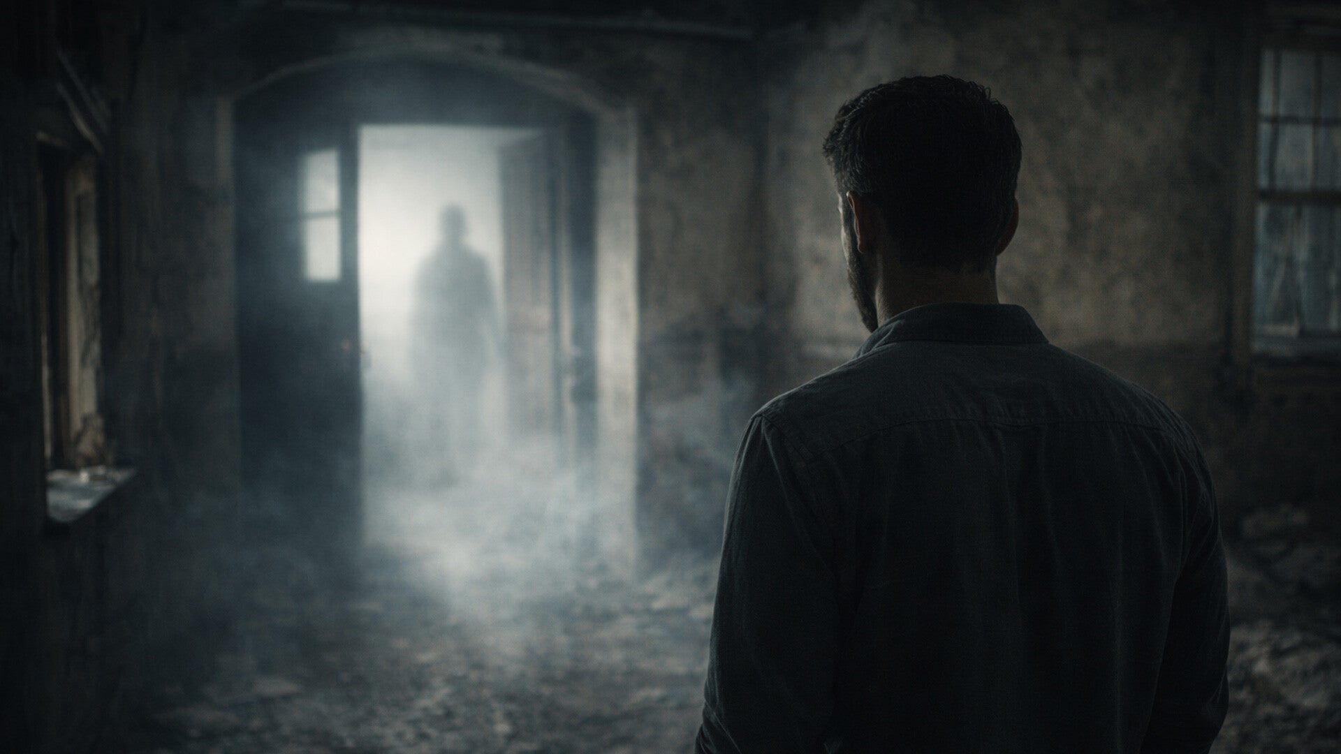 Homme vu de dos dans un bâtiment ancien et délabré, concentré face à une présence floue et lumineuse, illustrant le moment de perception et de ressenti médiumnique dans un lieu chargé.