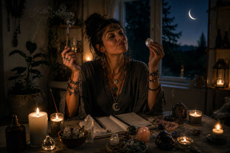 Personne accumulant cristaux, bijoux et objets ésotériques lors d'un rituel de nouvelle lune, illustrant les erreurs à éviter lorsqu'on privilégie les accessoires au détriment de l'intention.