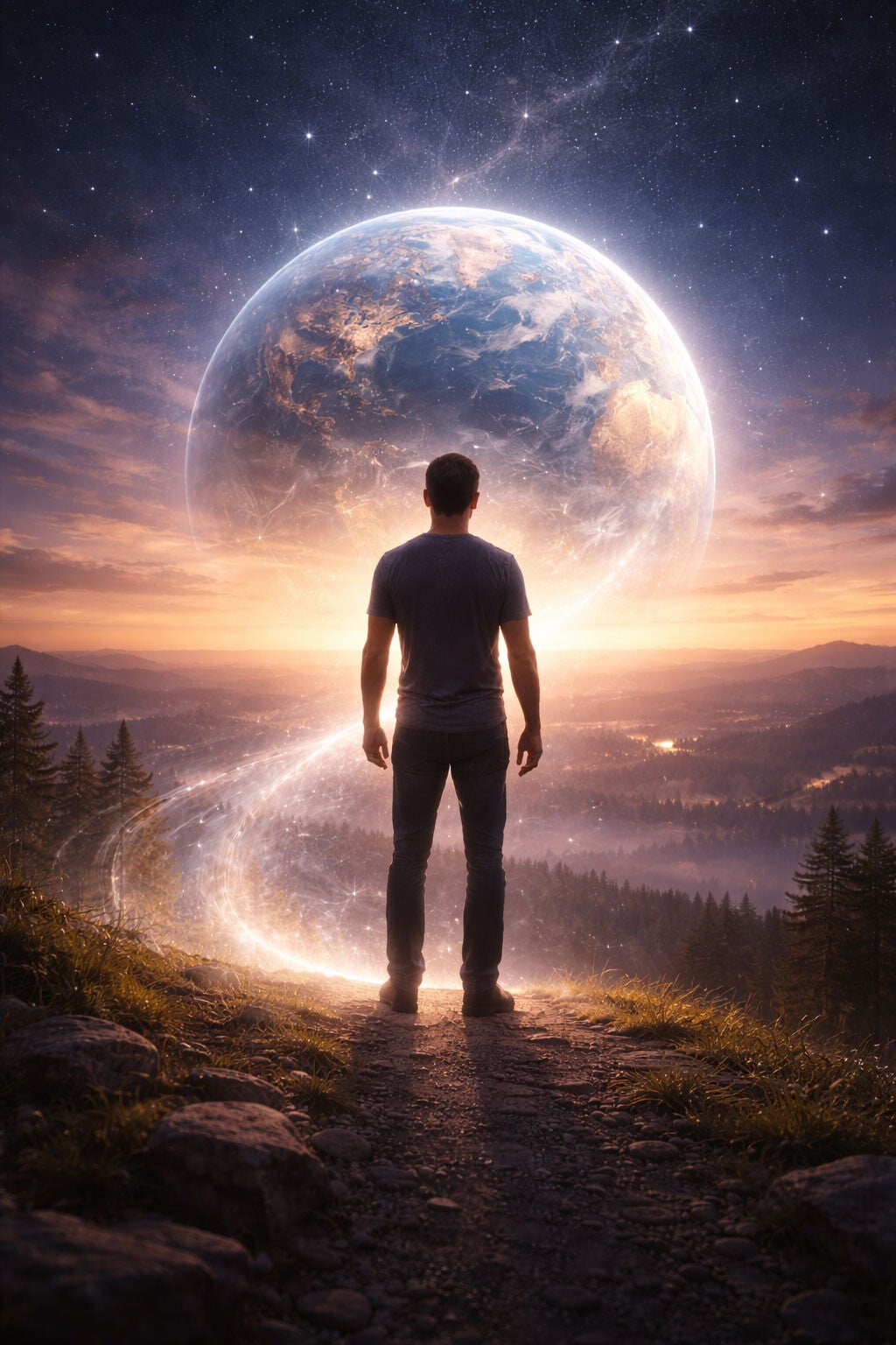 Silhouette humaine entre un monde naturel et un monde lumineux incarnant l’équilibre entre visible et invisible