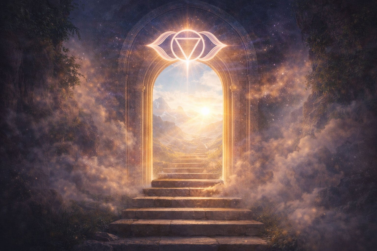 Porte symbolique ornée du symbole Ajna ouvrant vers un chemin lumineux, représentant le troisième œil comme passage vers une conscience élargie
