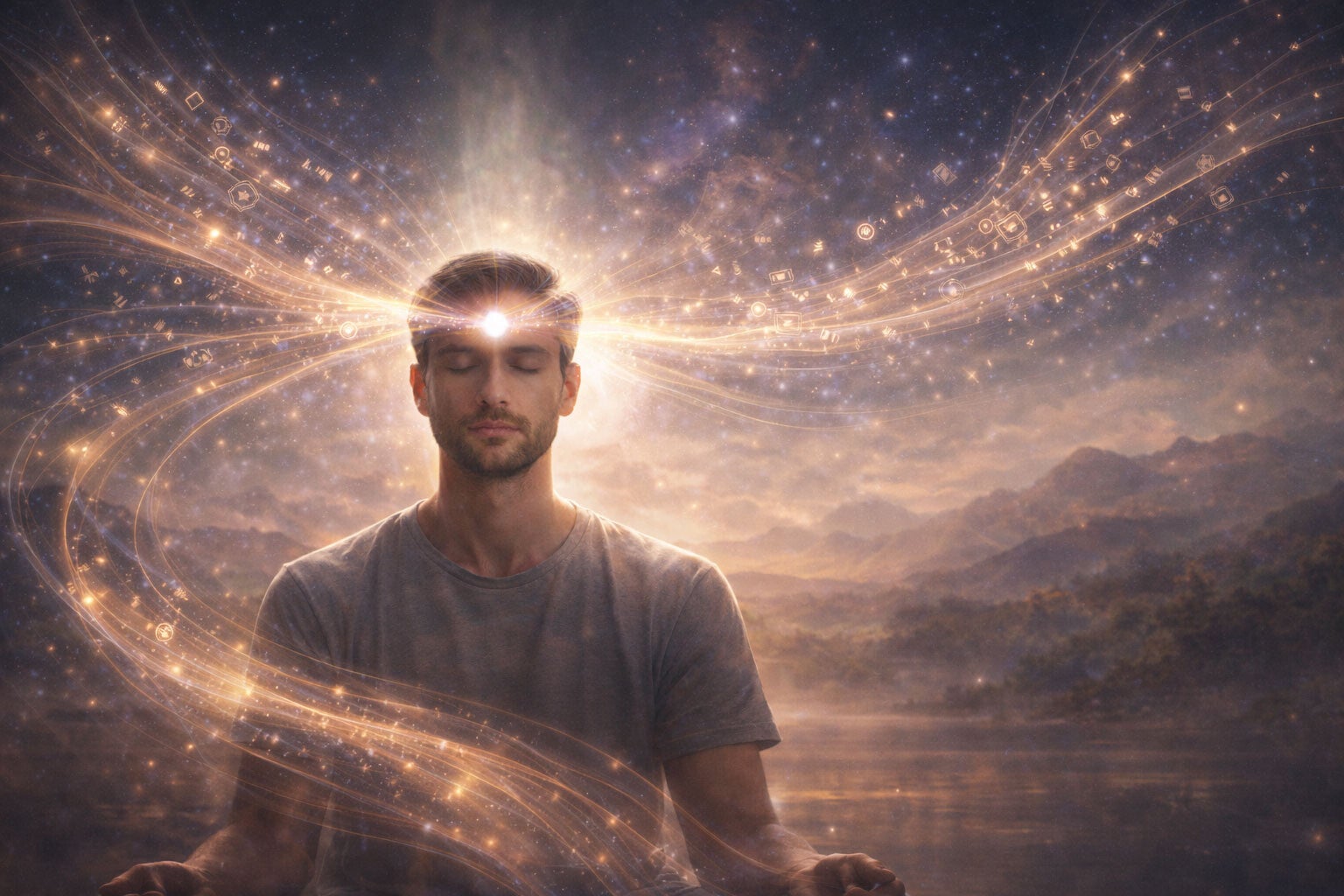 Homme assis en méditation dans un paysage naturel, une lumière symbolique au centre du front, illustrant la concentration, l’intuition et la perception intérieure.