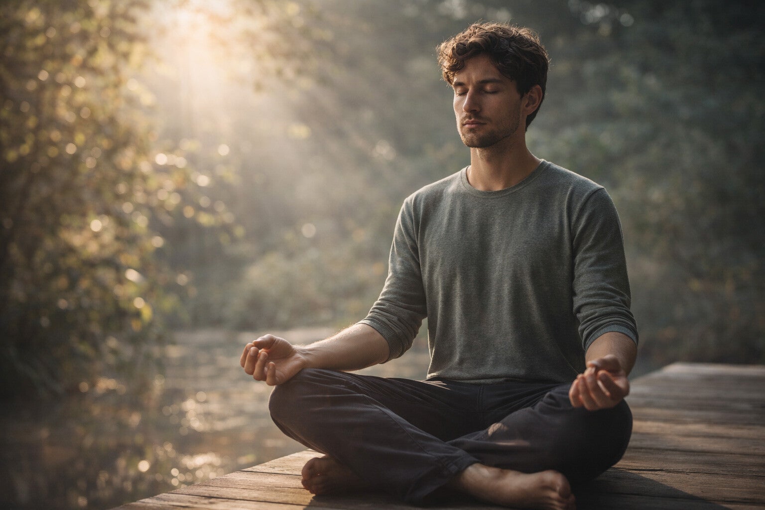 Homme méditant en pleine nature, symbolisant le recentrage, la clarté intérieure et l’équilibre émotionnel.