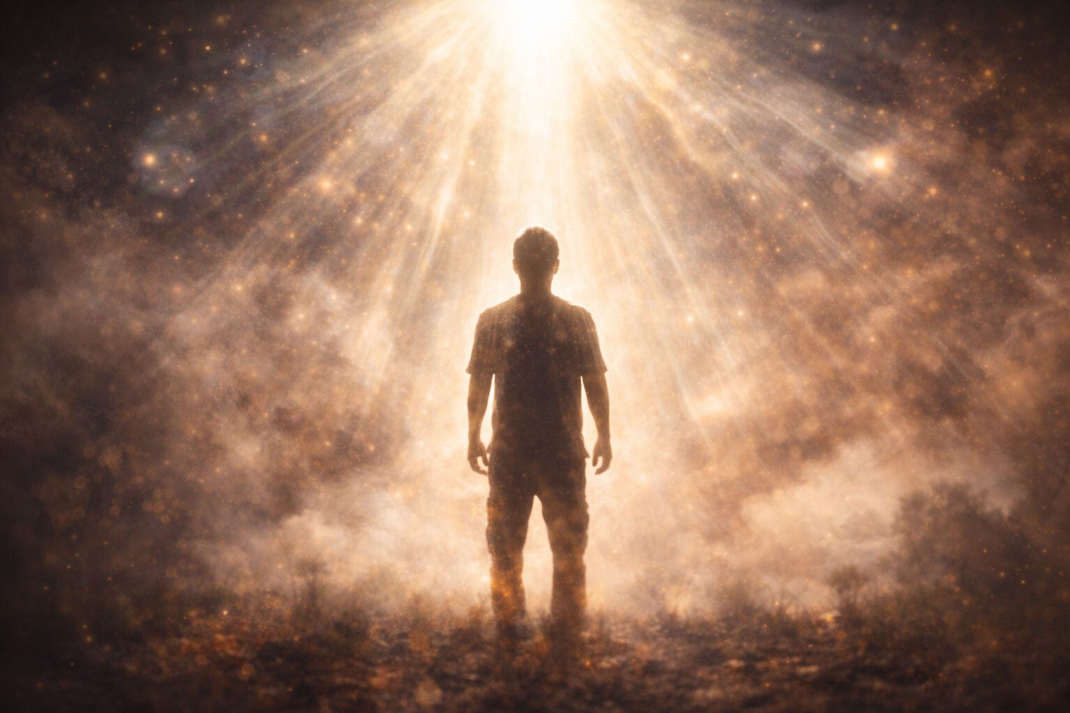 Une silhouette humaine debout face à une lumière intense descendant du ciel, dans une atmosphère nuageuse et lumineuse.