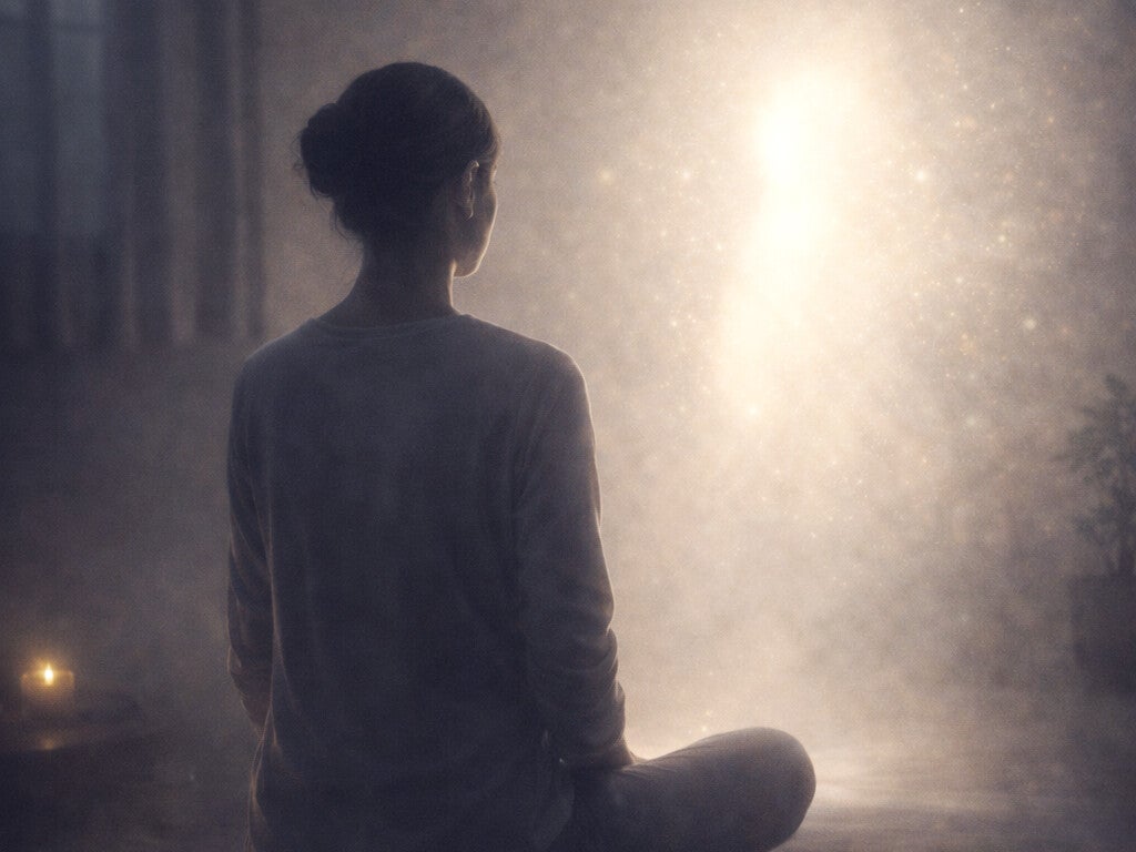 Être humain entre ciel et terre avec des ailes de lumière symbolisant l’élévation de la conscience