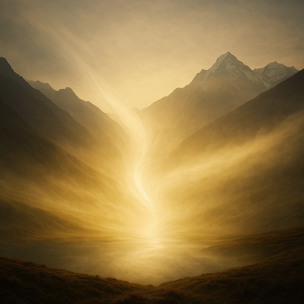 Souffle de lumière traversant un paysage de montagne tibétaine dans la brume dorée, évoquant le cycle vie-mort-renaissance et la paix de l’esprit.