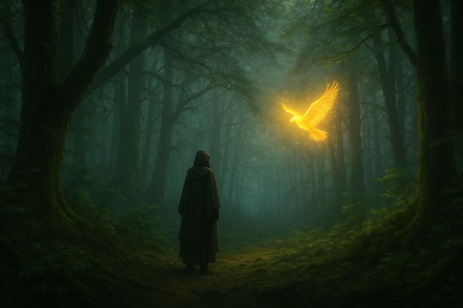 Dans une forêt obscur un voyant appel un oiseau de lumière