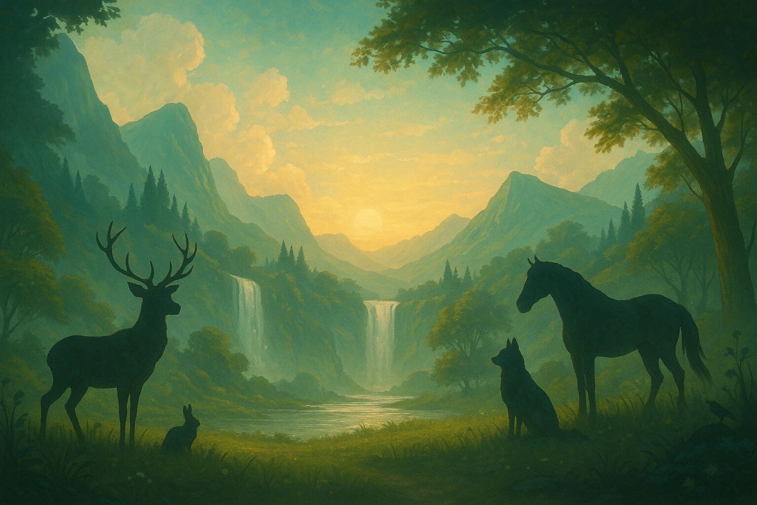 Paysage poétique avec montagnes, cascades et silhouettes d’animaux intégrées à la nature, représentant l’harmonie universelle du vivant.
