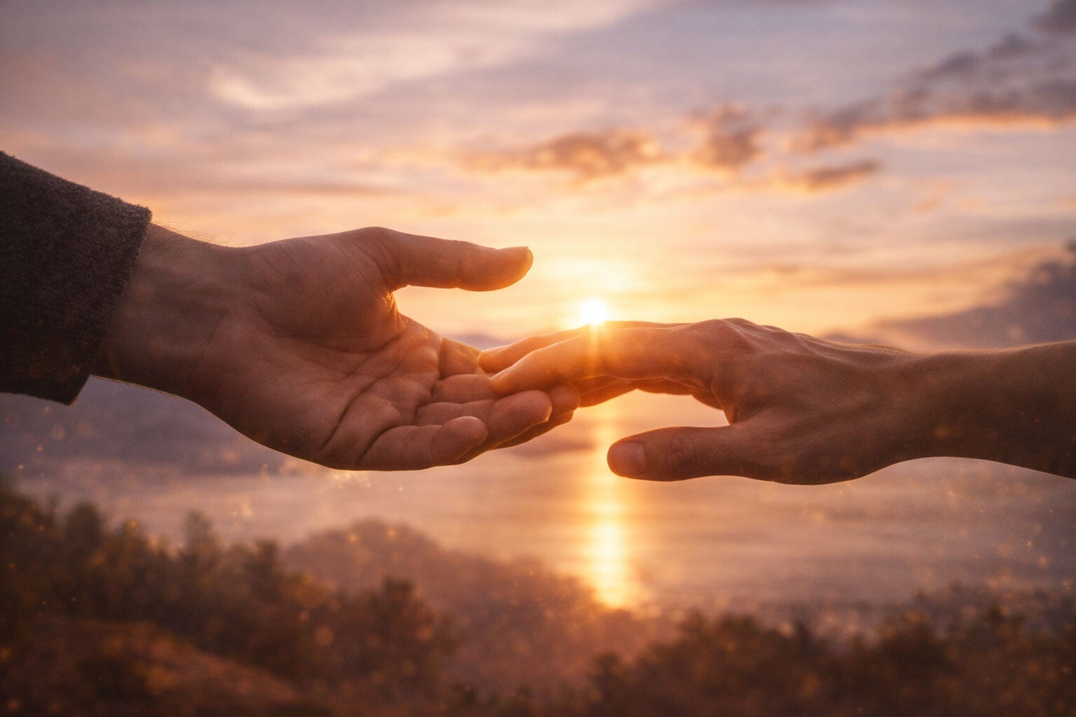 Deux mains tendues l’une vers l’autre au coucher du soleil, avec un paysage naturel et une lumière chaude à l’horizon.