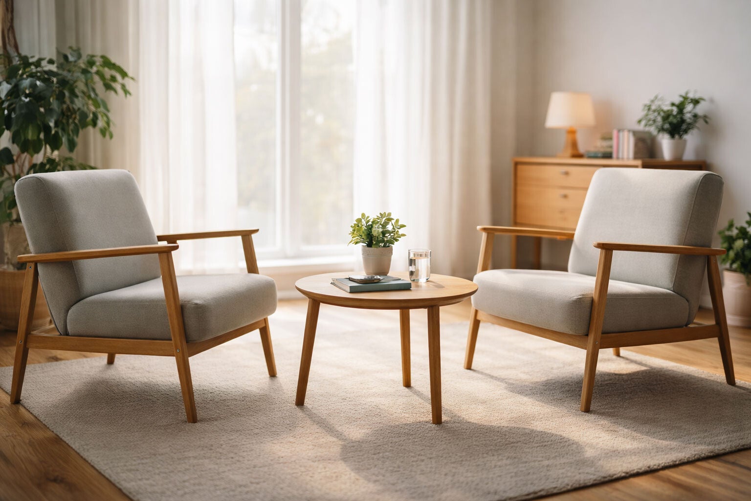 Salle de consultation calme et épurée avec deux fauteuils face à face, éclairée par une lumière naturelle, symbolisant un accompagnement personnel en médiumnité.