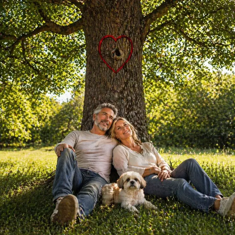 couple apaisé allongé au pied d’un arbre avec un chien cœur dessiné sur le tronc amour sincère équilibre et harmonie de vie