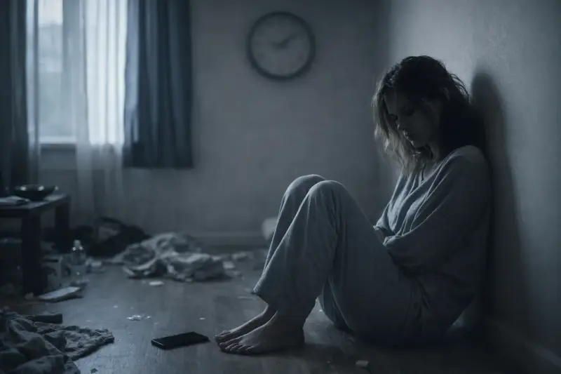 Femme assise au sol en pyjama, regard vide dans un appartement sombre, illustration réaliste de la dépression et de l’isolement intérieur.