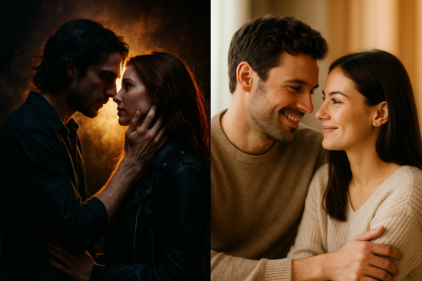 Couple souriant se regardant tendrement – Comment reconnaître une flamme jumelle et une âme sœur