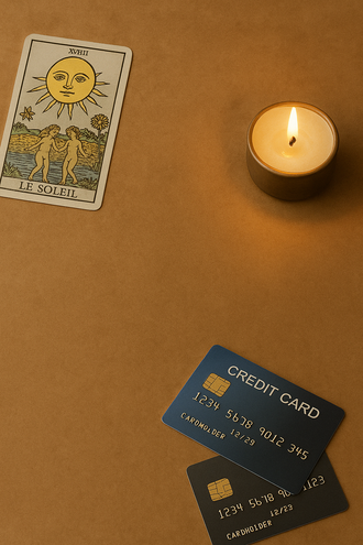"Carte de tarot Le Soleil, bougie allumée et cartes bancaires sur fond chaud, ambiance mystique"