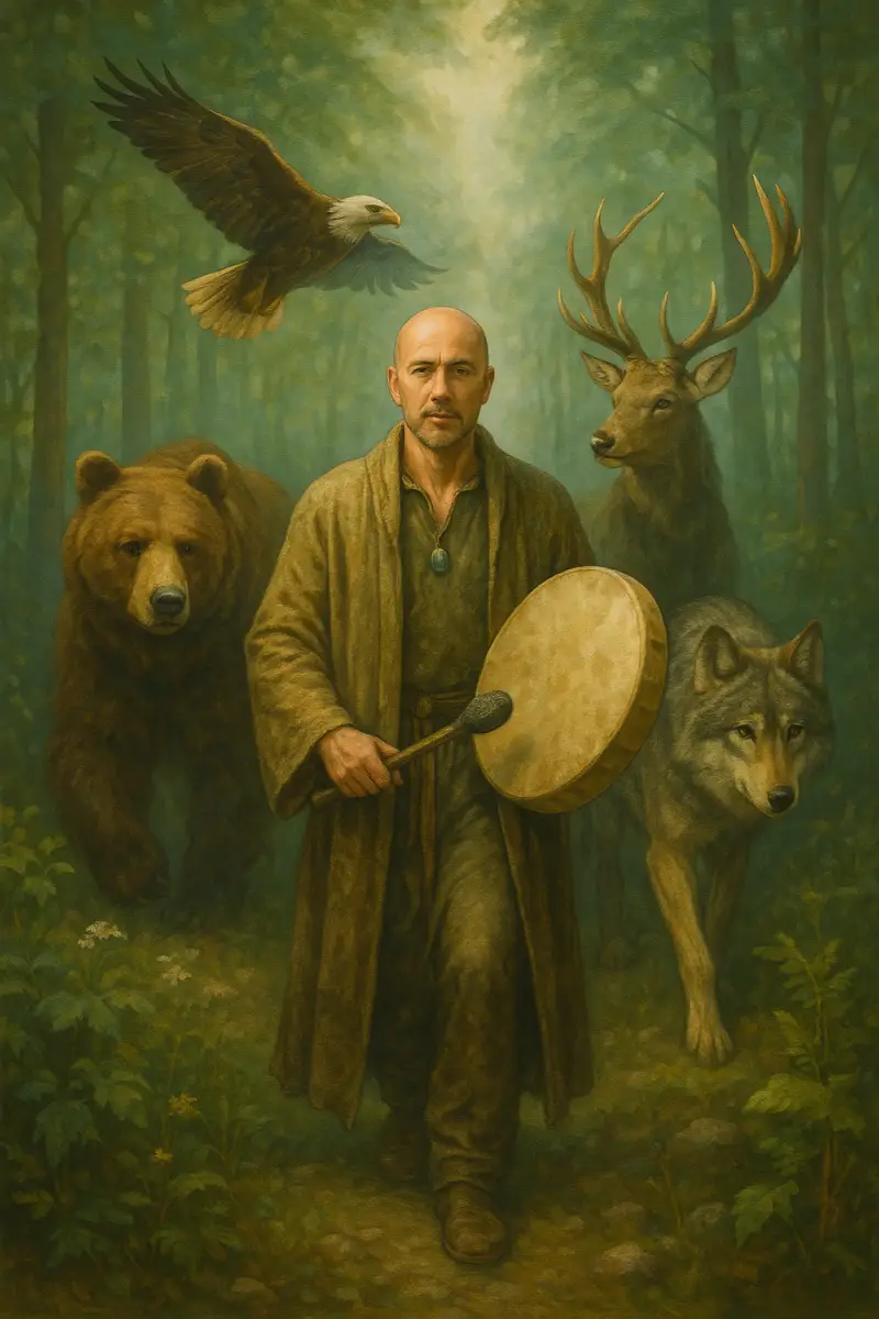 Chamane avec tammbour et animaux autour de lui 