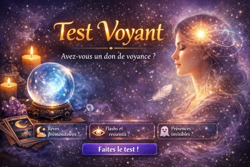 Illustration du test don de voyance : boule de cristal, cartes de tarot et perception médiumnique.