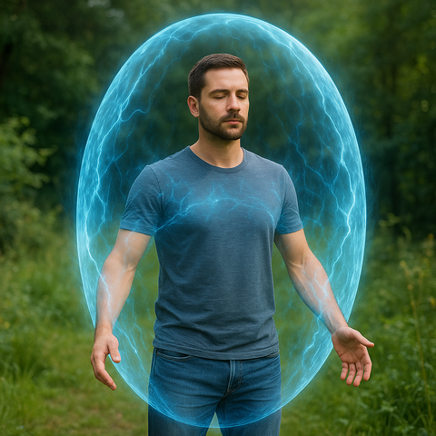 "Homme debout en pleine nature, entouré d'un bouclier énergétique bleu lumineux, les yeux fermés, dans une posture de concentration et de calme."
