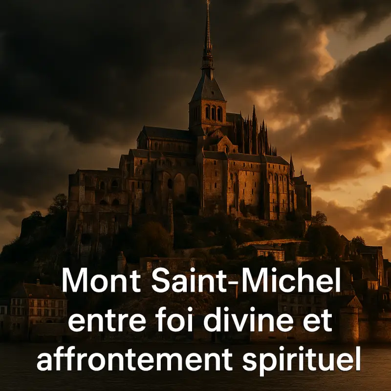Mont Saint-Michel au crépuscule, lumière divine et ciel orageux