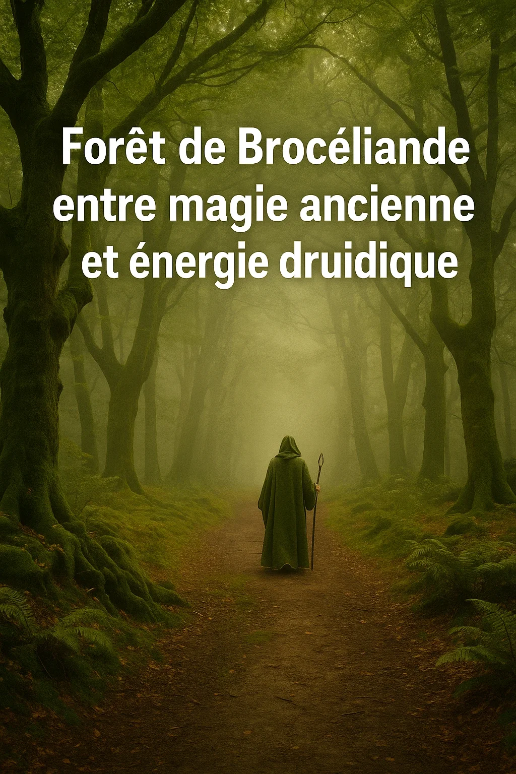 Forêt de Brocéliande brumeuse, silhouette druidique mystique