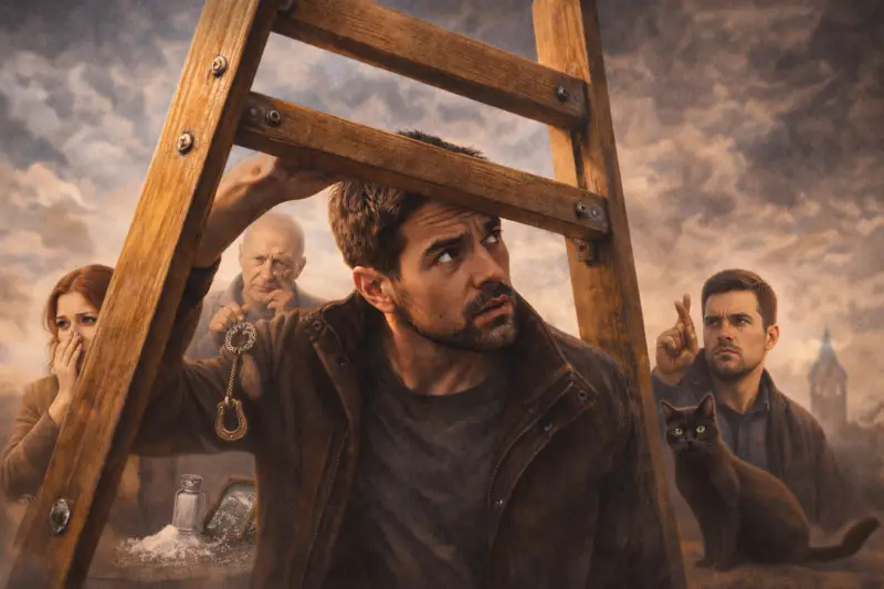 Homme passant sous une échelle, symbole de superstition