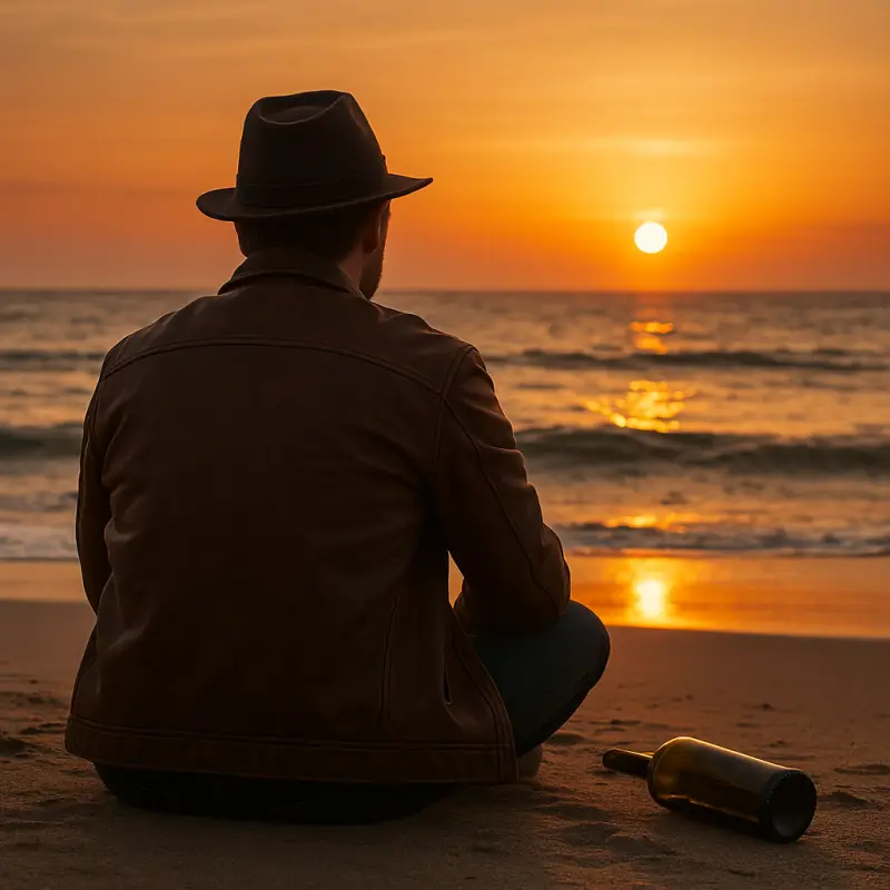 Homme seul au coucher du soleil avec une bouteille